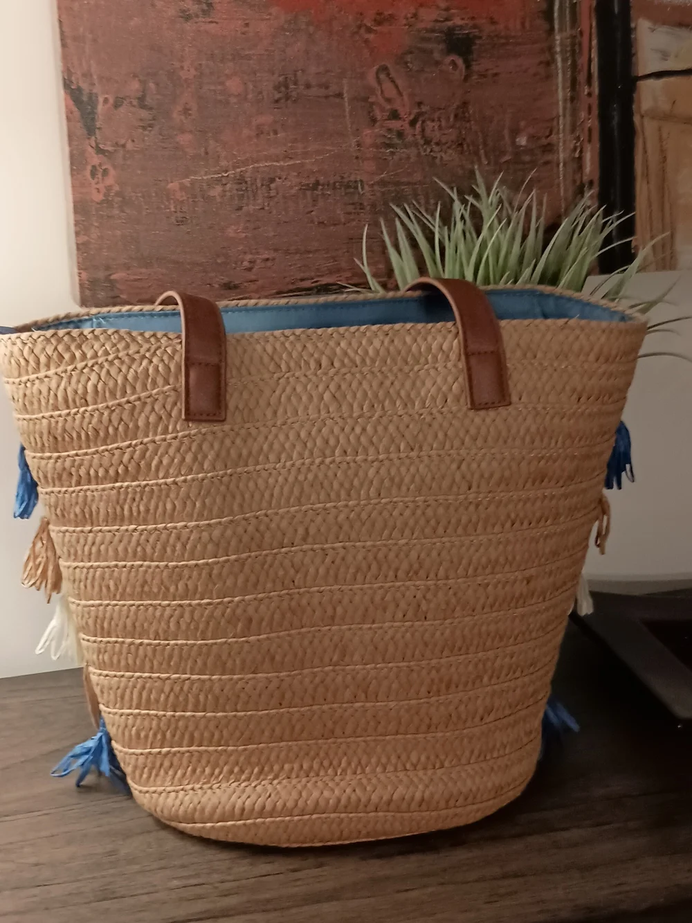 Layered Fringe Straw Tote in Blue, White & Tan